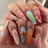 YICKYUE - 24pcs Ins 3D Starfish Shell Decor Fake Nails Ocean Gradient Press on Nails Full Cover Wearable French Almond False Nail Tips