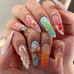 YICKYUE - 24pcs Ins 3D Starfish Shell Decor Fake Nails Ocean Gradient Press on Nails Full Cover Wearable French Almond False Nail Tips