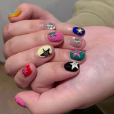 YICKYUE - 10pcs Handmade Short Press On Nails Cute Cartoon Colorful Star Design Y2K Sweet Cool Fake Nail Wearable Nails Art Tip Spicy Girl
