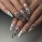 YICKYUE - 24pcs Punk Cool Fake Nails Almond French False Nail Patches Y2k Sliver Bead Decor Press on Nail Tips Wearable Manicure Sets