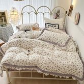 YICKYUE - French Small Floral Printed Bedding Set, Double Layer Lace Ruffles, 100% Cotton, Duvet Cover Set, Bed Linen, Pillowcases