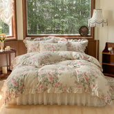 YICKYUE - 100% Cotton Korean Princess Style Ruffles Flowers Bedding Set Queen King Size Duver Cover Set Quilted Lace Bed Skirt Pillowcases
