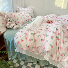 Yickyue Fresh Flower 4pcs Bedding Sets Skin-Friendly Soft Comforter Bedding Sets Bed Sheets Pillowcases Duvet Cover with Lace for Girls