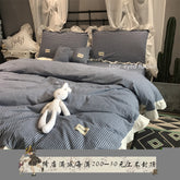 YICKYUE - Korean Style Washed Cotton Bedding Set - 4PC Striped Duvet Cover with Lace Trim