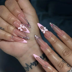 YICKYUE - 24Pc Long Stiletto Press On Nails Cherry Pink French False Nails With 3D Bow Pearls Design Detachable Acrylic Fake Nail Art Tips