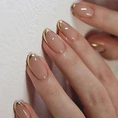Yickyue Gold Metal French Nude Pink Nail Art Glitter Powder Fashion Fake Nails Detachable Finished False Nails Press on Nails with Glue