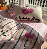 YICKYUE - Sweet cute pastoral cherry bedding set,twin full queen cotton pink black stripes home textile bed sheet pillow case quilt cover