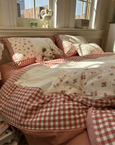 Yickyue - Romantic sweet flower plaid red lace bedding set,full queen king fairyfair cotton home textile bed sheet pillow case quilt cover