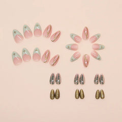 YICKYUE - 24pcs Baroque Gold False Nails Green Crocodile pattern Fake Nails Tips Women Wearable Detchable French Almond Press on Nails