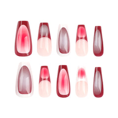 YICKYUE - French Red Brown False Nails Personality Y2k Press On Nails Hand Painted Ballet Nail Fake Nails Fashion Long Square Nail Tips