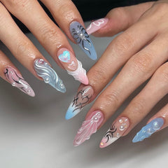 YICKYUE - 24pcs Blue Long Stiletto Fake Nails Pearl Press on Nails Bright Hot Girl Fake Nails with 3D Seashell Flower Full Over Nail Tips