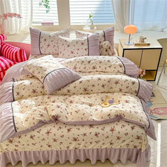 Yickyue Korean Comforter Bedding Set Washed Cotton Bed Four-Piece Set Princess Printed Soft Bed Linen Duvet Cover Set Floral Quilt Cover