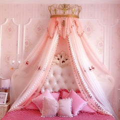 YICKYUE - Princess Bed Curtain with Crown Bed Head Gauze Deer Embroidery Wave Beauty Bedside Decoration Yarn Bed Valance Mosquito Net