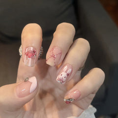 Yickyue 24pcs Cut Rabbit False Nails Full Cover Glitter Rhinestone New Year Artificial Nail Tips For Girl Gifts Press On Nails Wearable
