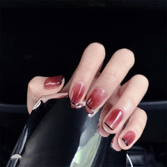 24pcs Wine Red Yellow Round Short French False Nails Decoration New Fashion Plastic Fake Nail Tips Manicure Tools Cute Nail Art