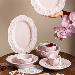 YICKYUE - Pink Plate Set Retro Embossed Ceramic Dishes Cup and Saucer Breakfast Milk Mug Soup Plate Kitchen Tableware Housewarming Gift