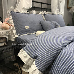 YICKYUE - Korean Style Washed Cotton Bedding Set - 4PC Striped Duvet Cover with Lace Trim