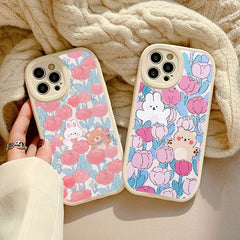 Luxury Flower Cute Bear Fabric Case For iPhone 11 12 13 Pro Max 7 8 Plus XR X XS Max SE 2 3 Shockproof Back Cover Funda iPhone11