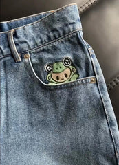 Hearujoy 90s Streetwear Women Retro Kawaii Cartoon Embroidery Shorts Blue Washed Street Hip Hop Baggy Denim Shorts Y2k Jorts Pantalones Cortos De Mujer