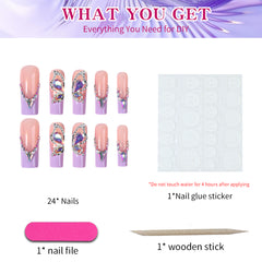 YICKYUE - 24pcs long French fake nails, metal bow fake nails, sparkling diamond design fake nail patch, white detachable full cover fake n