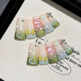 YICKYUE - 10pcs Cute Bear Handmade Nails Spicy Girl Duck-bill Press on Nails Korean Mid-length False Nails Tips French Edge Design