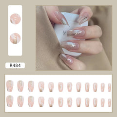 24Pcs/Set Nail Art Full Cover Press On Artificial Ballet Wearing Acrylic Coffin Fake Nails Finished Glitter Reusable False Nails