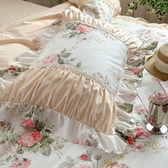 YICKYUE - Korean Princess Style Pleat Ruffles 100% Cotton Bedding Set Elegant Vintage Rose Floral Duvet Cover Set Bed Skirt Pillowcases