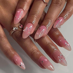 YICKYUE - Fantasy White Love Heart Star Rhinestone Butterfly Wearable Full Cover Pink Almond Shape Finished Fake False Nail Press on Nails