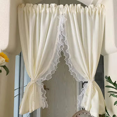 YICKYUE - Korean Double Lace With Pearls Tulle Curtains For Bedroom Girl Room French Dream Light Yellow Short Sheer Voile For Door Kitchen