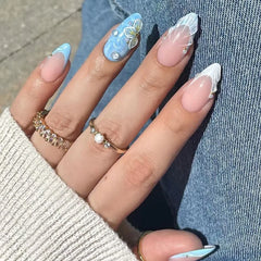 YICKYUE - 24pcs Almond Nails Blue White French False Nails Sparkling Dreamy Artificial Nails Press Ons with Starfish Pearl Full Cover Nail