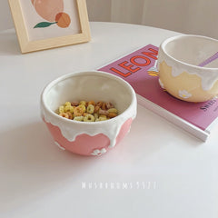 Super Cute Embossed Cream Ceramic Flower Girl Lunch and Dinner Rice Salad Bowl Cherry Bunny Hand-painted Yogurt Children's Bowl