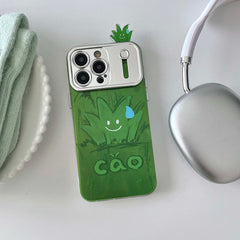 YICKYUE - Green Cartoon Grass Shell For Iphone 13 14Pro 14 15 12 Pro Max 15Pro Beautiful Chinese Language Funny 3D Plating Phone Case