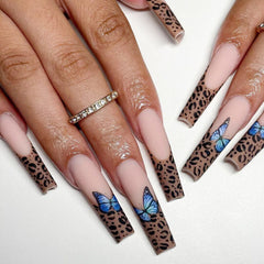 Yickyue Pink Leopard Wave Designs False Nails French Long Coffin Fake Nail Fashion Artificial Full Cover Nail Art Tips Press on Nail