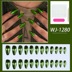 YICKYUE - Pure green almond nail metal feeling fake nail nail patch press nail wear nail for women girls students pregnant women 24pcs/set