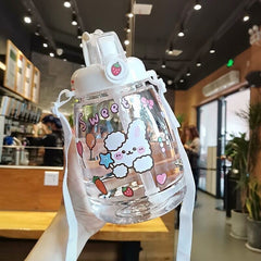 1300ml Kawaii Bear Big Capacity Water Bottle With Straw Strap Sticker Plastic Portable Sport Drink Bottles For Children Girl