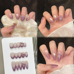 YICKYUE - 10pcs Handmade Purples French Press on Nails Sweet Korean Bow Fake Nails Full Cover Wearable Glitter Cat Eye False Nail Tips