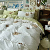 YICKYUE - White Green Bear Bedding Set Duvet Cover Queen Full Twin Size Bed Flat Sheet Kids Girls Room Decor Quilt Cover Pillowcase Kawaii