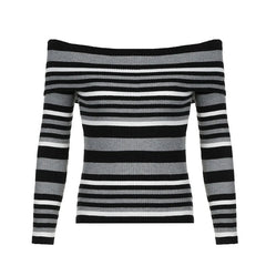 YICKYUE - Autumn/Winter New Fashion Women's Striped Contrast Color Line Neck Spice Girl Shoulder Slim Sweater Casual Streetwear Y2k