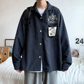 YICKYUE - American retro bowling Cuban collar long sleeved shirt men's spring and autumn new embroidery loose and versatile shirt coat