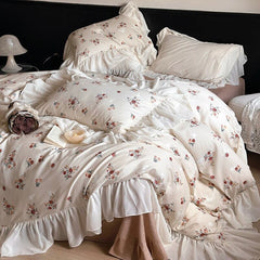 Yickyue 100% Cotton French Romantic Lace Ruffles Vintage Rose Flower Bedding Set Queen King Duvet Cover Flat/Fitted Bed Sheet Pillowcase