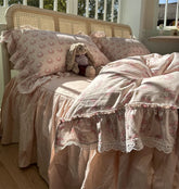 YICKYUE - Sweet fairyfair ruffle lace bedding set,twin full queen king rabbit bow cotton home textile bed sheet pillow case quilt cover