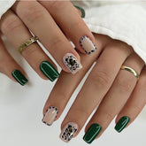 YICKYUE - Sexy Dark Green Black Leopard Print Long Square Fake Nail Art Glossy Detachable Finished False Nail Tip Press on Nail with Glue