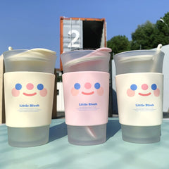 Korean Simple Frosted Coffee Cup with Spoon Lovely Glass Portable Drinking Cup for Boys and Girls