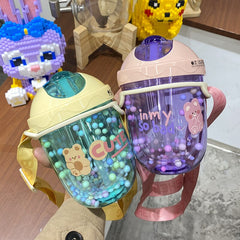 300Ml Cartoon Cute Bear Straw Plastic Water Bottle Outdoor Transparent Juice Drinking Cup Suitable For Kid Adult Children Gift
