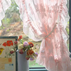 YICKYUE - Korean Beautiful Romantic Pink Flower Ruffled Sheer Tulle Curtain Rod Pocket For Bedroom Princess Room Wedding Home Decor