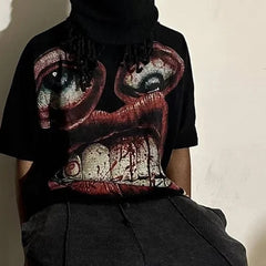 Hearujoy Y2K Cotton T Shirt Mens Womens Harajuku Hip Hop Big Eyes Mouth Graphic Printed Oversized T Shirt Retro Classic Short Sleeve Tops