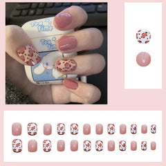 24Pcs Blue Yellow Pink Leopard Print Fake Nails With Glue Korean Short Round Fashion Manicure Full Cover Press On False Nail Tip