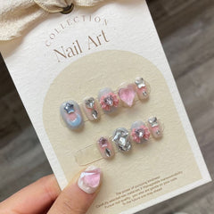 YICKYUE - 10Pcs XS S M L Love Mocha Handmade Nails with Rhinestone with Tool Box Pure Manual False Nail Full Cover Press on Nails