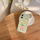 YICKYUE - Korean ins Green Grid Patterned Potted Plant Flowers Phone Case for iPhone 16 15 14 13 Pro Max Back Cover Fund