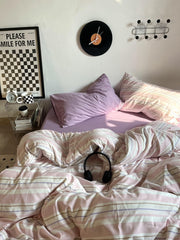 YICKYUE - Vintage Pastel Pink Stripes Bedding Set